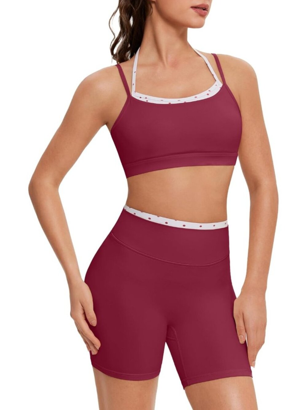 Women Burgundy Doubel Layer Open Back Activewear Sports Bra & Gym Shorts Sets